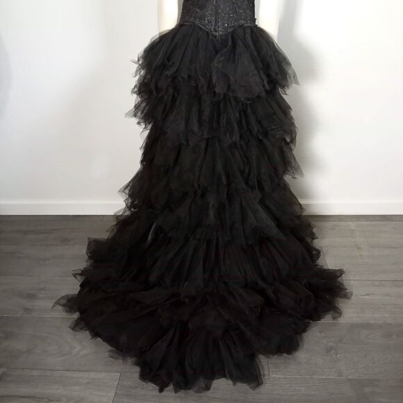 JJs House Black Formal Gown Hi Low Embellished Ruffle Wedding Goth Cosplay 8 M - Picture 7 of 9